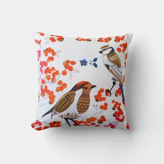 Gold Christmas Winter Birds Holly Berries Branches Cushion (Front)