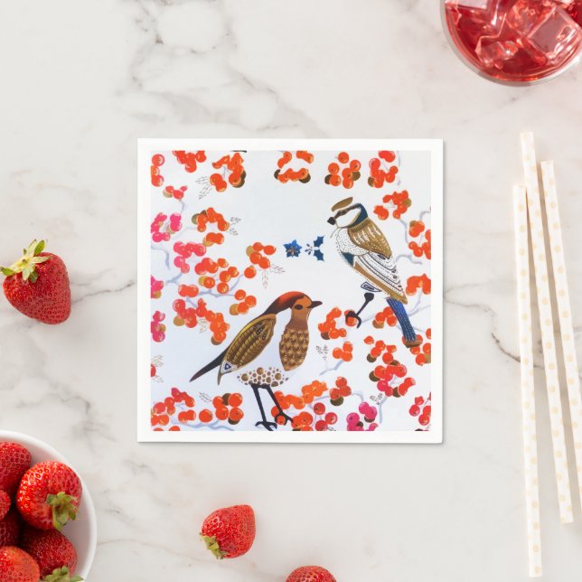 Gold Christmas Winter Birds Holly Berries Branches Napkin (Insitu)