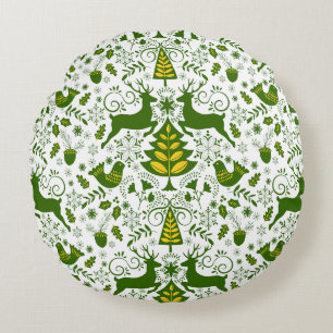 Gold Christmas Woodland Deer Birds in Bloom Round Cushion