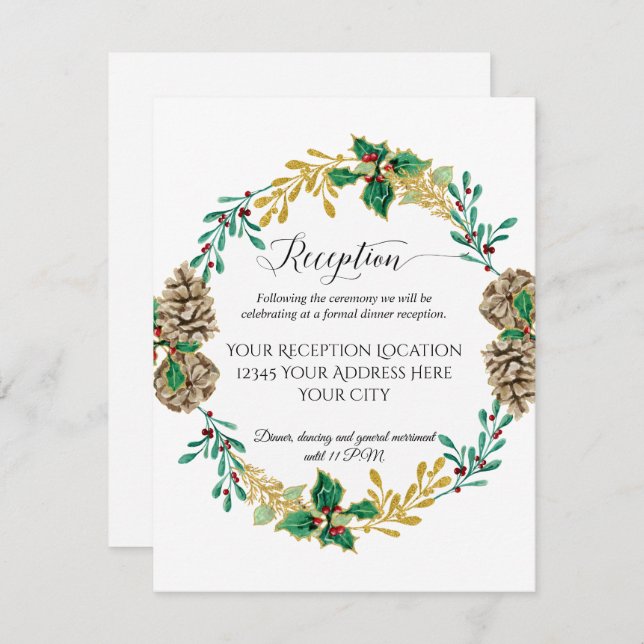 Gold Christmas Wreath Foliage Wedding Reception Invitation (Front/Back)