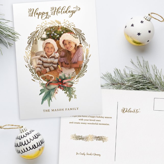 Gold Christmas Wreath Happy Holidays Script Photo Holiday Postcard (Creator Uploaded)