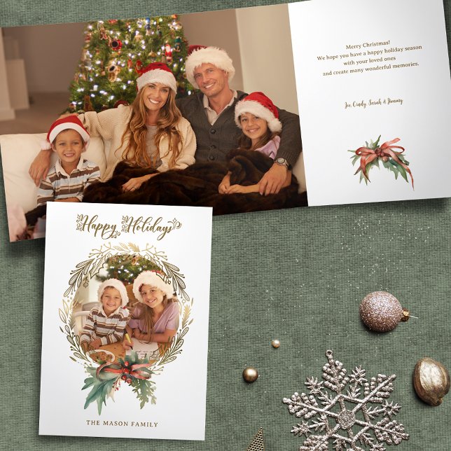 Gold Christmas Wreath Happy Holidays Script Photo Tri-Fold Card (Creator Uploaded)