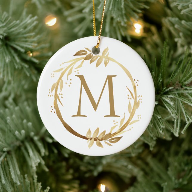Gold Christmas Wreath Monogram & Family Photo Ceramic Ornament (Tree)