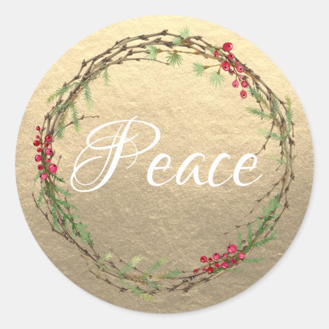Gold Christmas Wreath Peace Classic Round Sticker (Front)