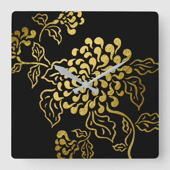Gold Chrysanthemum on Any Colour Square Wall Clock (Front)