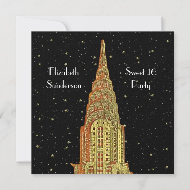 Gold Chrysler Bldg Skyline #2 Starry Sweet 16 SQ Invitation (Front)