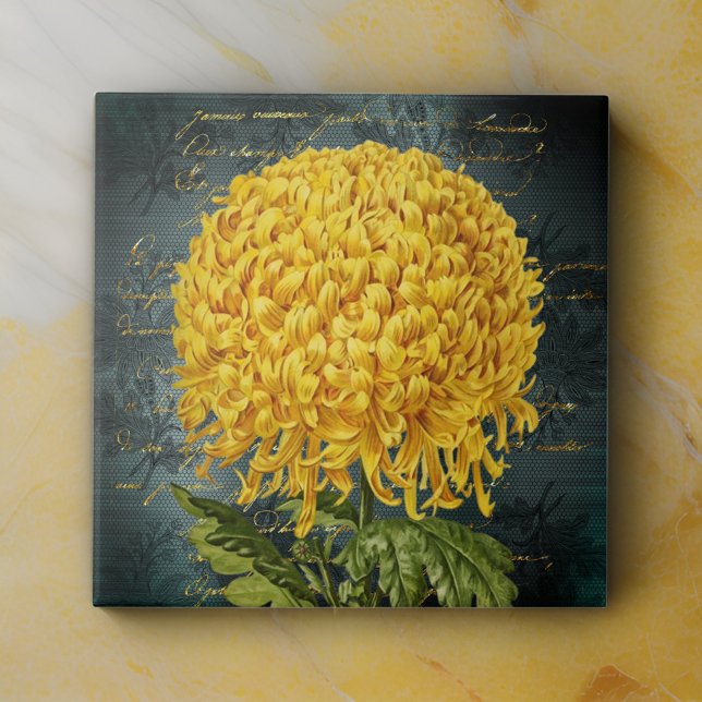 Gold Chrystanthemum on Teal Damask and Handwriting Ceramic Tile (Creator Uploaded)