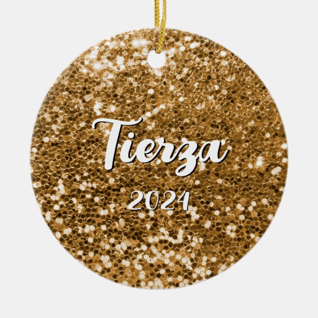 Gold Chunky Glitter Personalised Ceramic Ornament (Front)