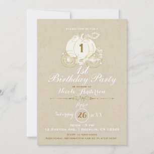 Gold Cinderella Carriage Kraft First 1st Birthday Invitation