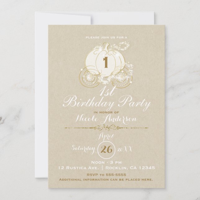 Gold Cinderella Carriage Kraft First 1st Birthday Invitation (Front)