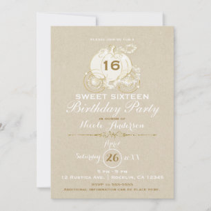 Gold Cinderella Carriage Kraft Sweet 16 Birthday Invitation