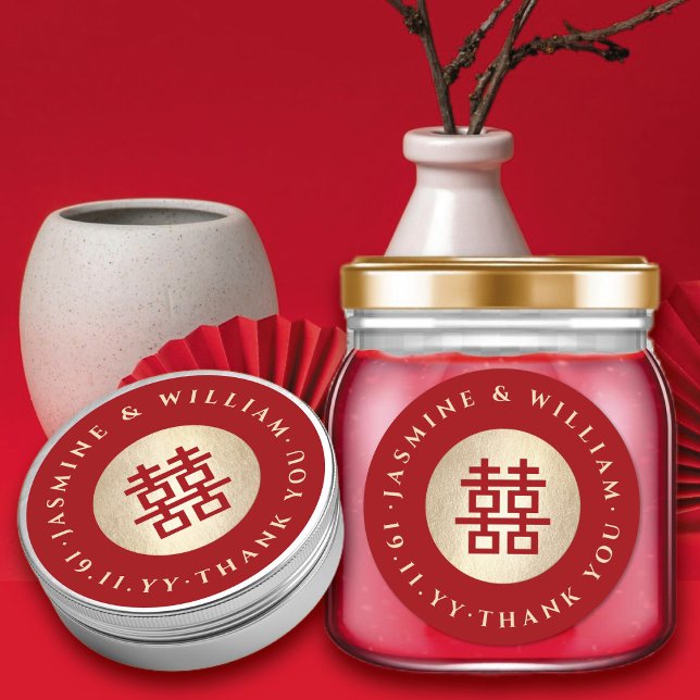 Gold Circle Double Happiness Chic Chinese Wedding Classic Round Sticker (Gold/Red Circle Double Happiness Simple Chinese Wedding Party Round Sticker @ fatfatin_red_knot)