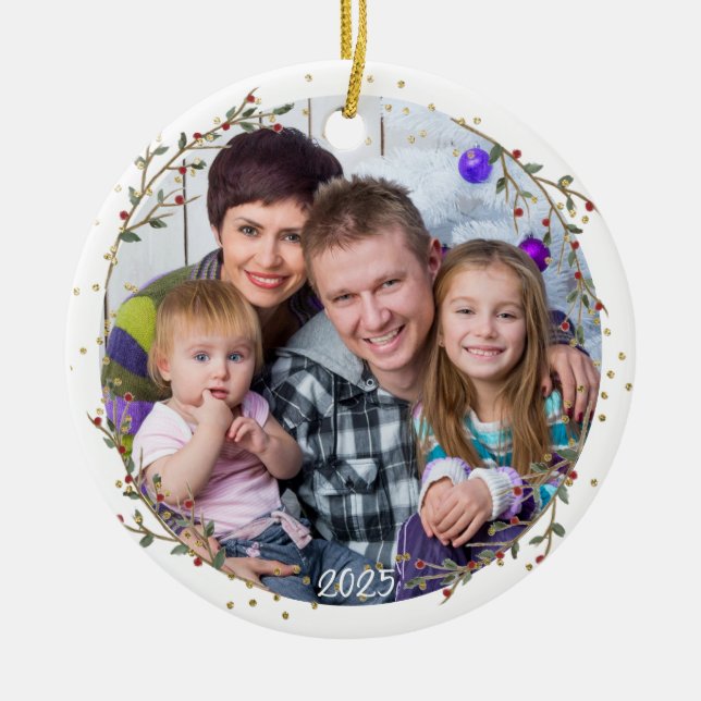 Gold Circle Family Photo Christmas Ceramic Ornament (Front)