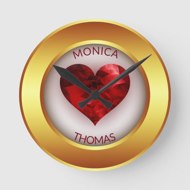 Gold Circle Frame And Red Heart Round Clock (Front)