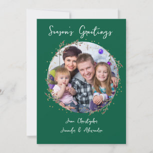 Gold Circle & Green Family Photo Christmas Card