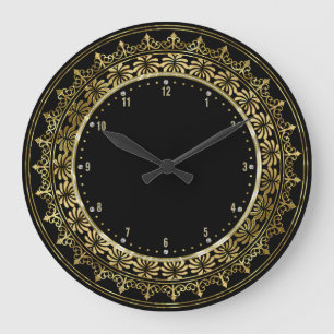 Gold Circle Lace Frame Black Background Large Clock
