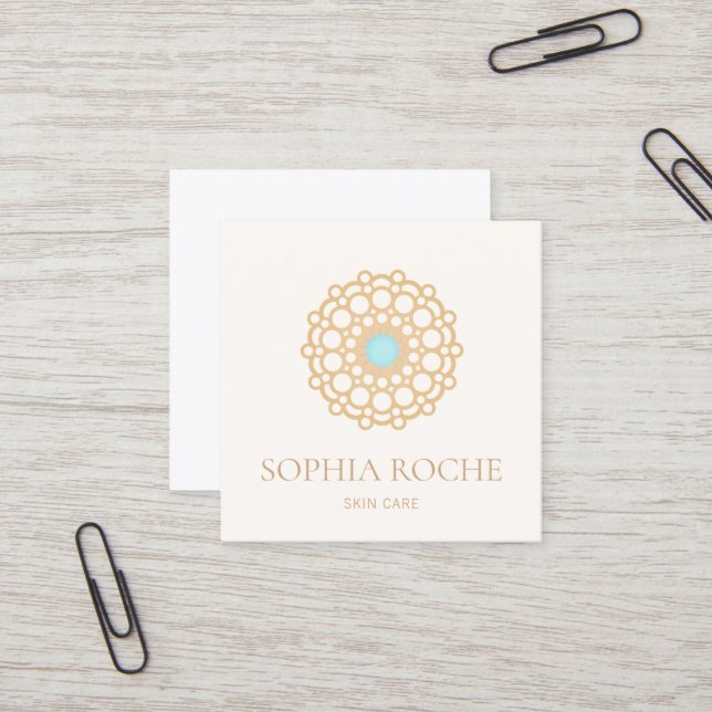 Gold Circle Mandala Logo Beauty Skin Care Spa Square Business Card (Front/Back In Situ)