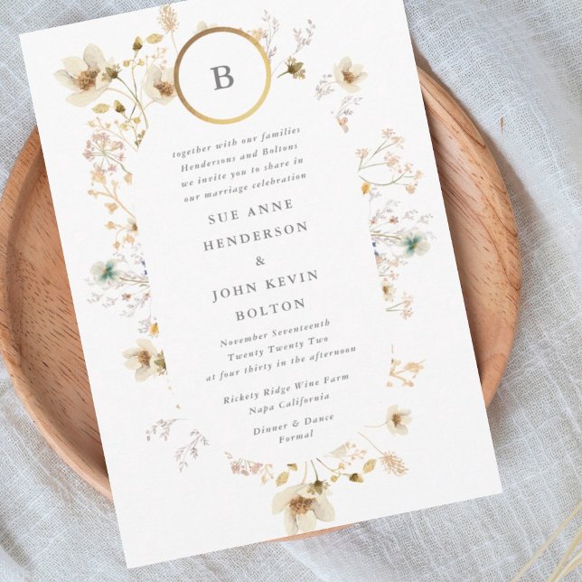 Gold Circle Monogram Oval Dried Wildflower Invitation (Creator Uploaded)