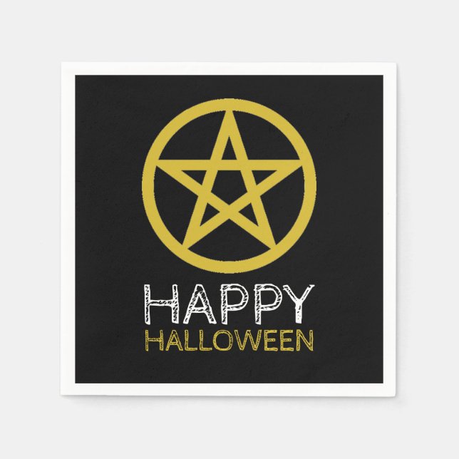Gold Circled Pentagram, Happy Halloween Napkin (Front)