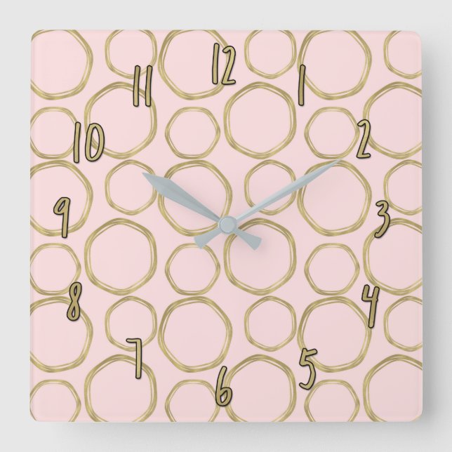 Gold Circles & Blushing Pink Modern Trendy Chic Square Wall Clock (Front)