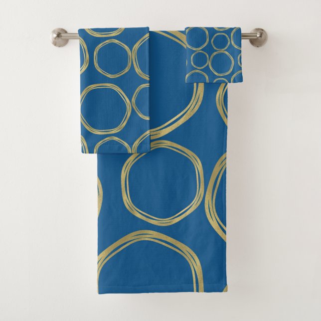 Gold Circles & Bright Blue Modern Trendy Bath Towel Set (Insitu)