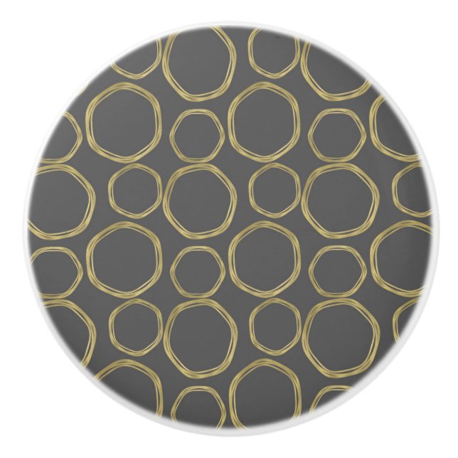 Gold Circles & Chic Grey Modern Trendy Mod Ceramic Knob (Front)