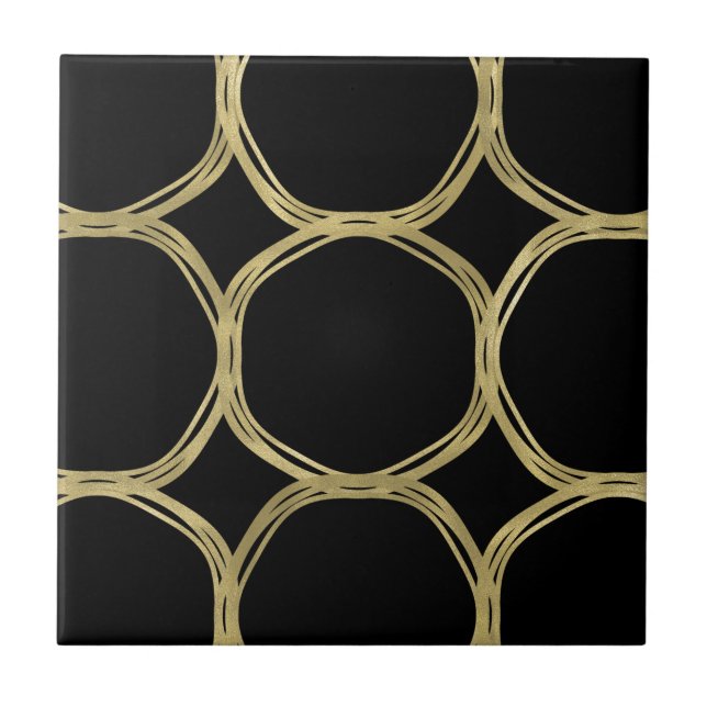 Gold Circles & Elegant Black Glam Chic Modern Ceramic Tile (Front)