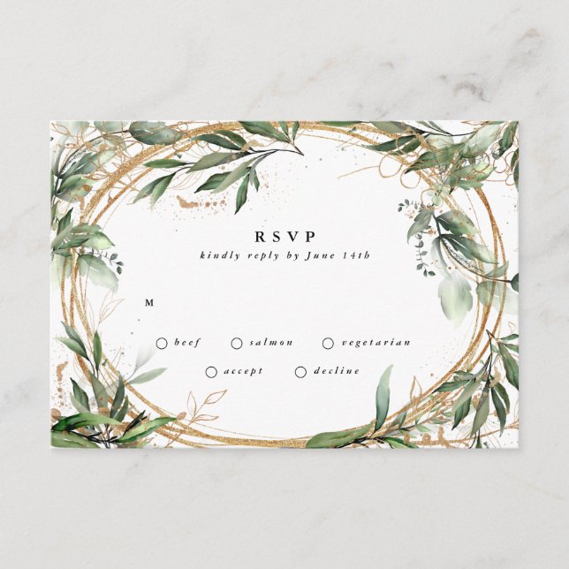 Gold Circles Eucalyptus Elegant Greenery Moss RSVP Card (Front)