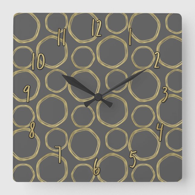 Gold Circles & Grey Modern Trendy Chic Square Wall Clock (Front)