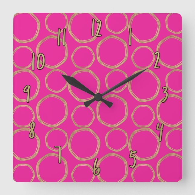 Gold Circles & Hot Pink Modern Trendy Chic Square Wall Clock (Front)