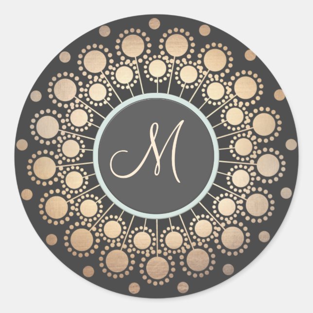 Gold Circles Ornate Monogrammed  Black Classic Round Sticker (Front)