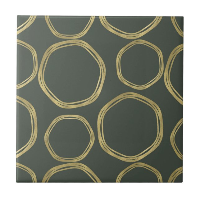 Gold Circles & Rustic Olive Green Chic Modern Ceramic Tile (Front)