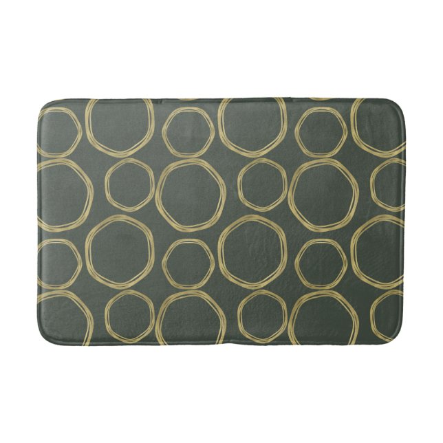 Gold Circles & Rustic Olive Green Modern Trendy Bath Mat (Front)
