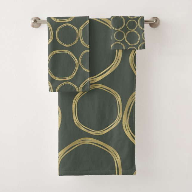 Gold Circles & Rustic Olive Green Modern Trendy Bath Towel Set (Insitu)