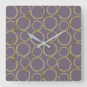 Gold Circles & Rustic Taupe Purple Modern Chic Square Wall Clock