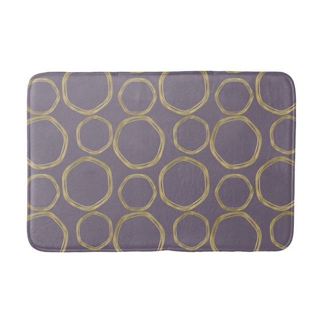 Gold Circles & Rustic Taupe Purple Modern Trendy Bath Mat (Front)