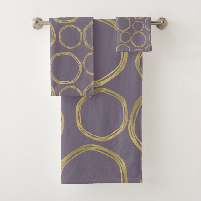 Gold Circles & Rustic Taupe Purple Modern Trendy Bath Towel Set (Insitu)