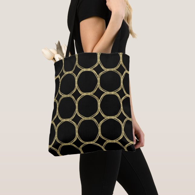 Gold Circles & Sleek Black Modern Trendy Chic Tote Bag (Close Up)
