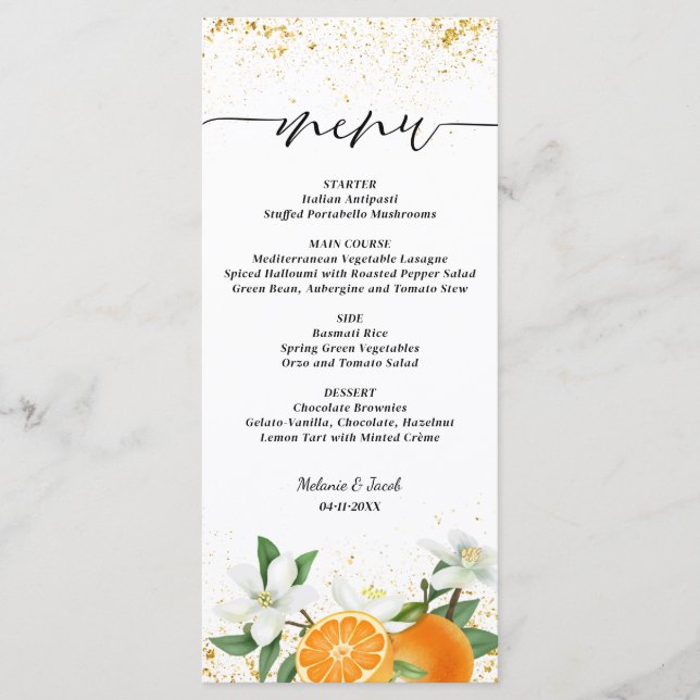Gold Citrus Orange Script Floral Wedding Menu (Front)