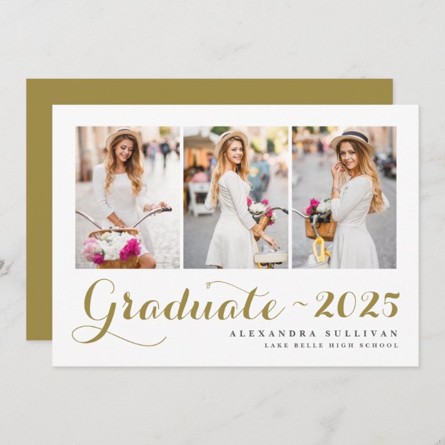 Gold Class of 2025 Photo Collage Graduation Invitation (Front/Back)