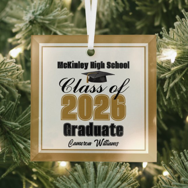Gold Class of 2026 Graduation Custom Christmas Glass Tree Decoration (Insitu)