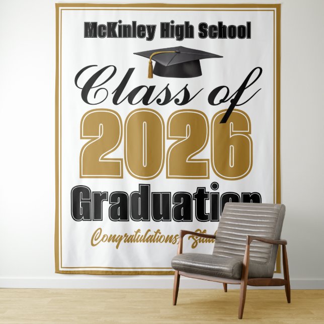 Gold Class of 2026 Graduation Party Photo Booth Tapestry (In Situ)