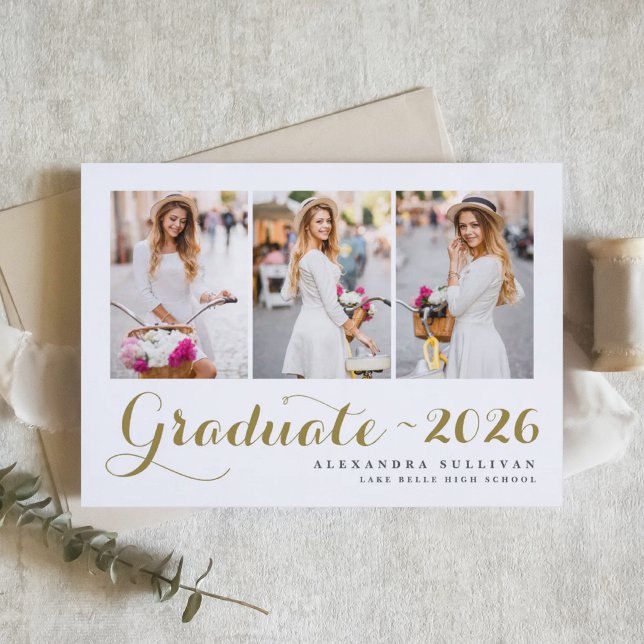 Gold Class of 2026 Photo Collage Graduation Invitation (Customizable photo collage graduation invitation featuring modern calligraphy. )