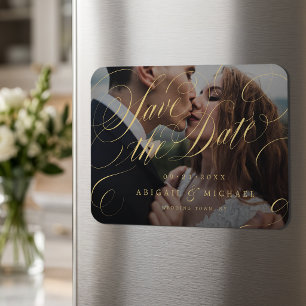 Gold classic calligraphy photo save the date magnet