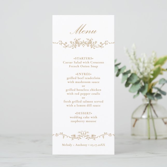 Gold Classic Floral Border Wedding Menu (Standing Front)