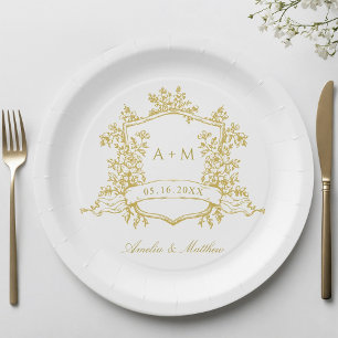 Gold Classic Floral Crest Monogram Wedding Paper Plate