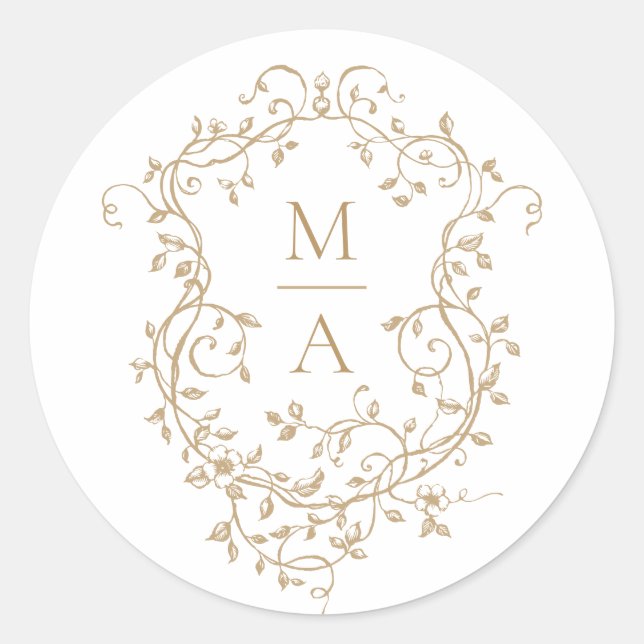 Gold Classic Floral Crest Monograms Round Sticker (Front)