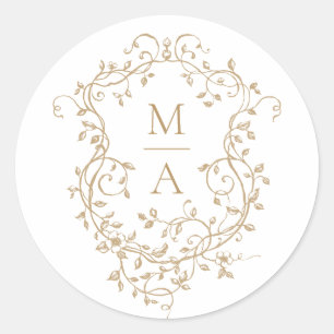 Gold Classic Floral Crest Monograms Round Sticker