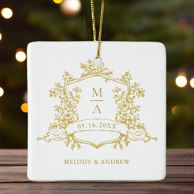 Gold Classic Floral Crest Wedding Photo Ceramic Ornament (Creator Uploaded)