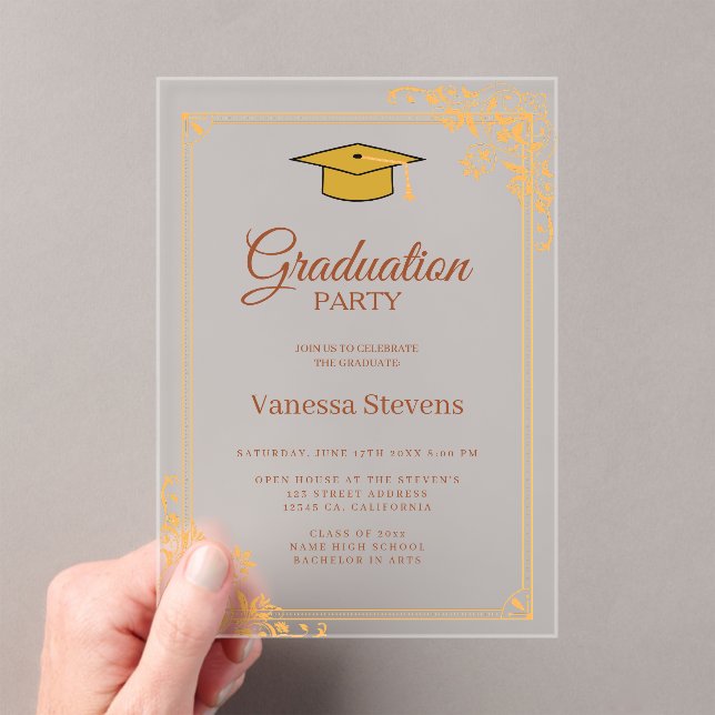 Gold  Classic Graduation Cap Party  Acrylic Invitations (Insitu (Handheld))